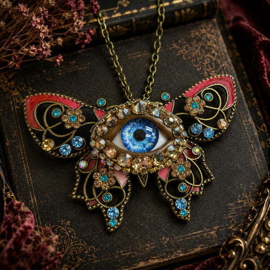 Red Evil Eye Butterfly Necklace, Gothic Statement Pendant, Victorian Fantasy Jewelry