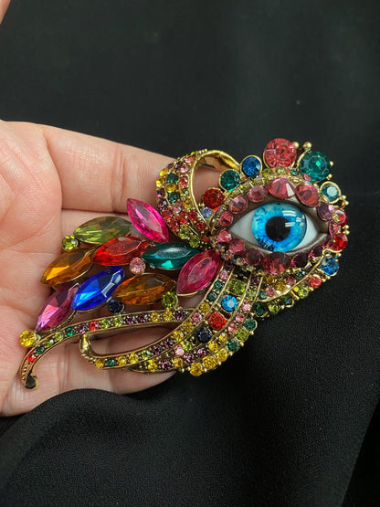 Rainbow Evil Eye Brooch, Gothic Fantasy Statement Pin, Colorful Jewel Art