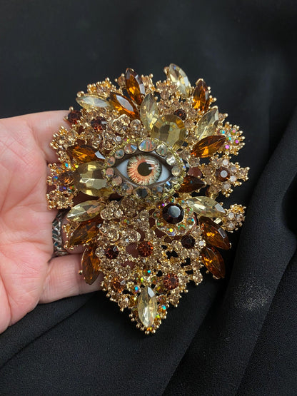 Gothic Eye Brooch, Victorian Assemblage Art, Gold Amber Rhinestone Statement Pin