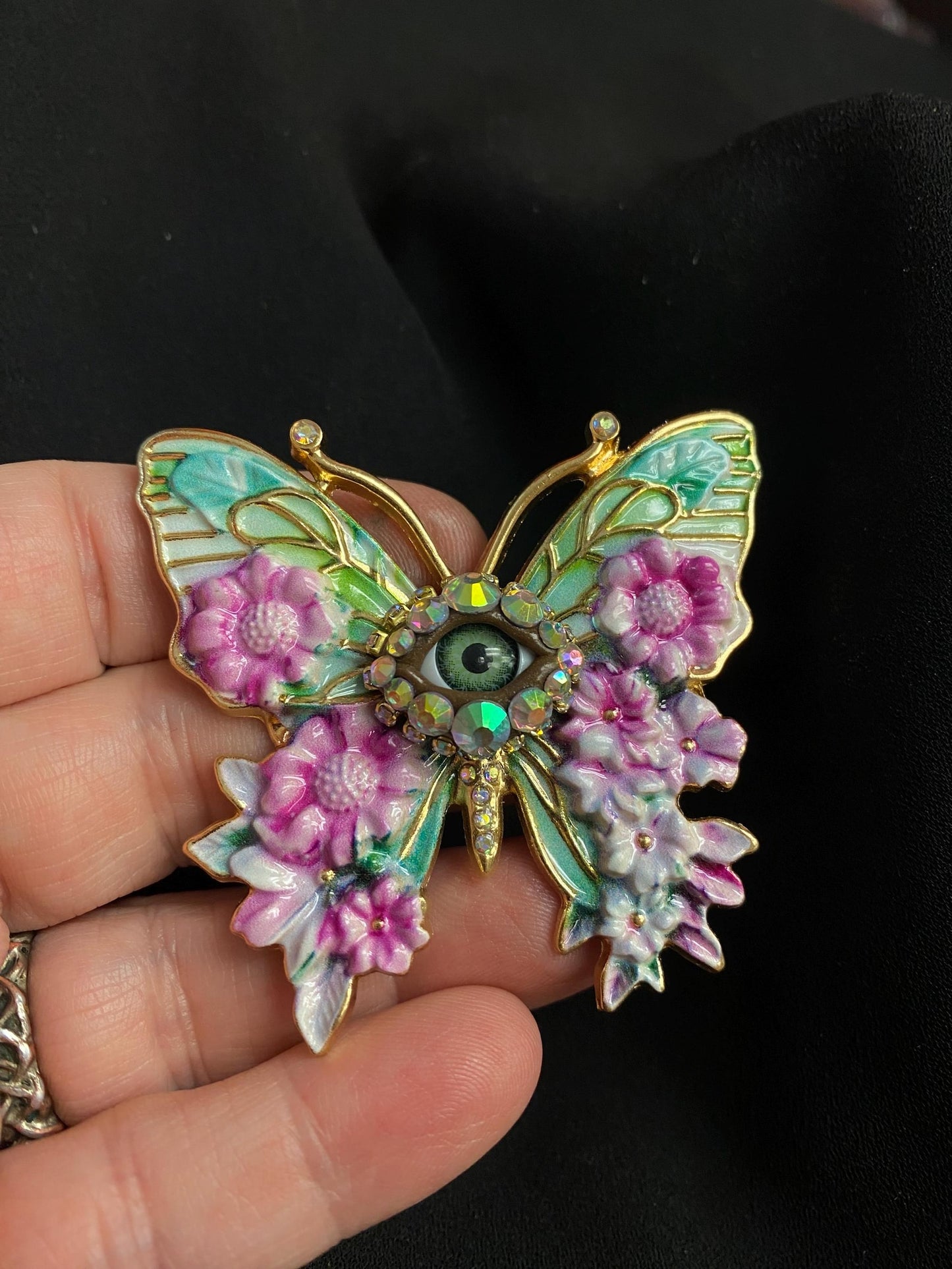 Floral Eye Butterfly Brooch, Dimensional Enamel Pin, Gothic Victorian Jewelry