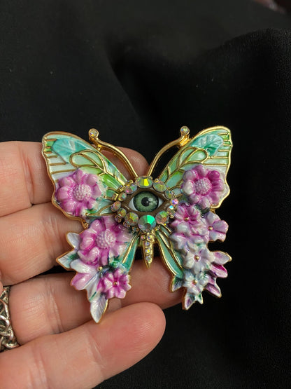 Floral Eye Butterfly Brooch, Dimensional Enamel Pin, Gothic Victorian Jewelry