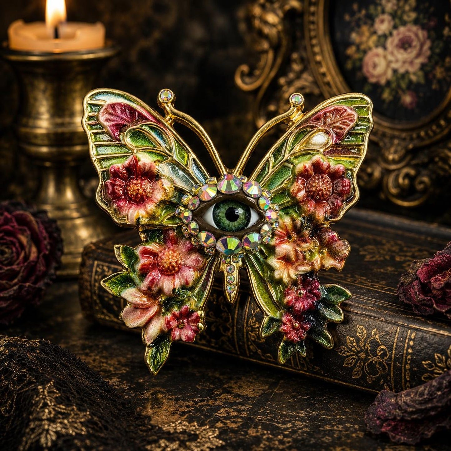 Floral Eye Butterfly Brooch, Victorian Enamel Pin, Gothic Botanical Wearable Art