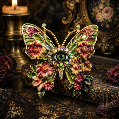 Floral Eye Butterfly Brooch, Victorian Enamel Pin, Gothic Botanical Wearable Art