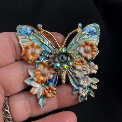 Blue Butterfly Brooch with Green Eye, Enamel Flowers & Iridescent Rhinestones