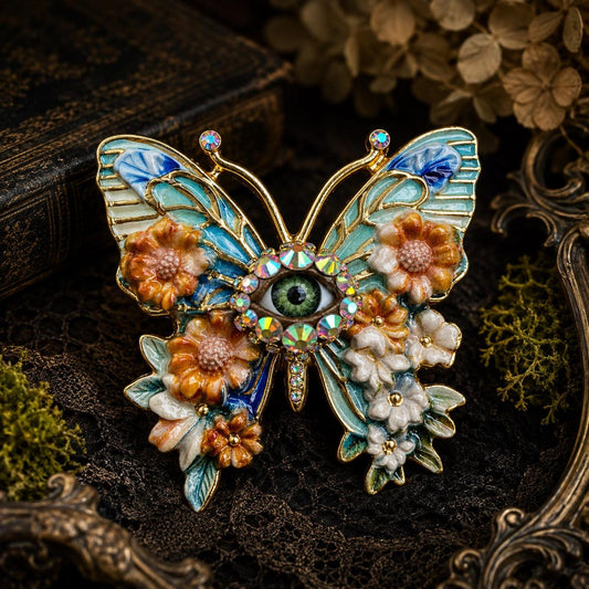 Blue Butterfly Brooch with Green Eye, Enamel Flowers & Iridescent Rhinestones