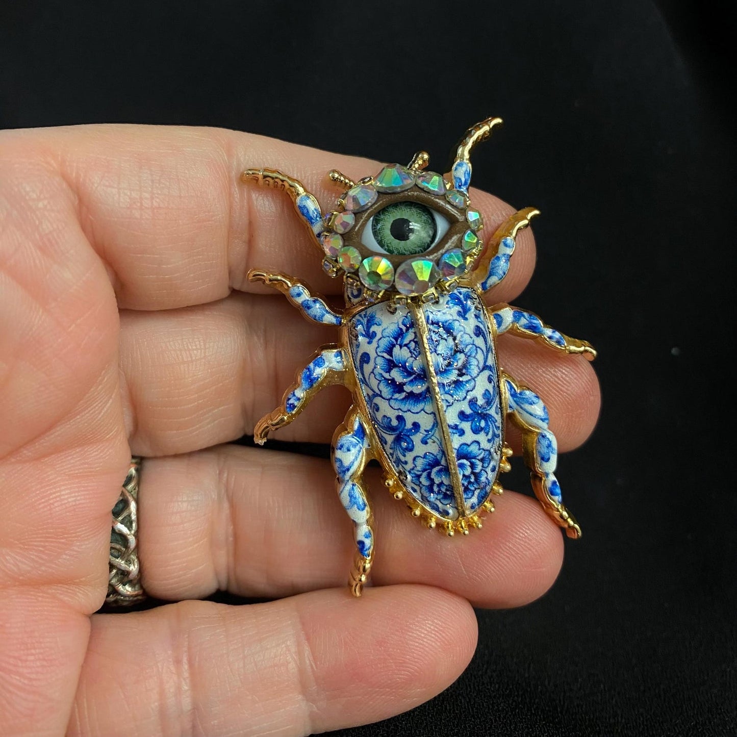 Blue Willow Beetle Brooch with Green Eye, Porcelain Style Enamel & Rhinestones