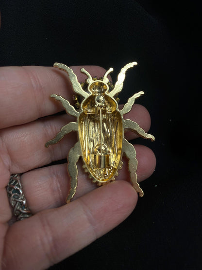 Blue Willow Beetle Brooch with Green Eye, Porcelain Style Enamel & Rhinestones
