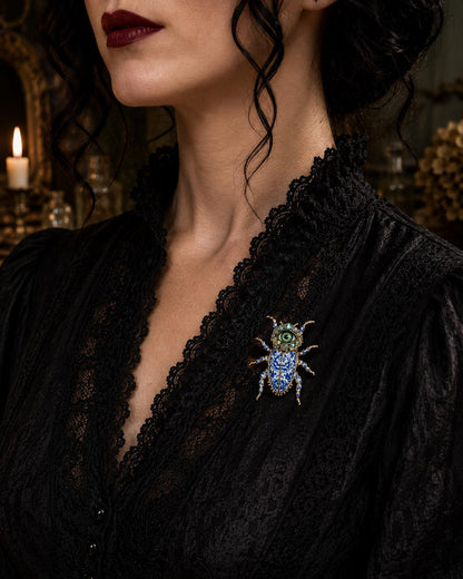 Blue Willow Beetle Brooch with Green Eye, Porcelain Style Enamel & Rhinestones