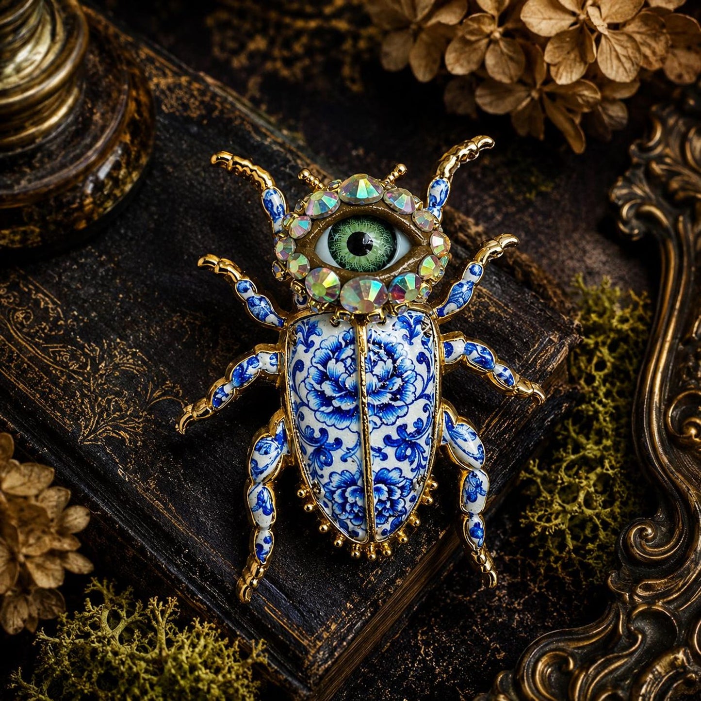 Blue Willow Beetle Brooch with Green Eye, Porcelain Style Enamel & Rhinestones