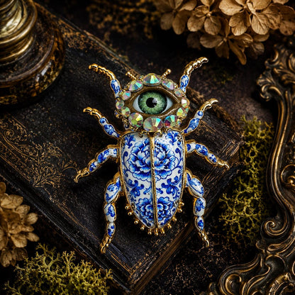 Blue Willow Beetle Brooch with Green Eye, Porcelain Style Enamel & Rhinestones