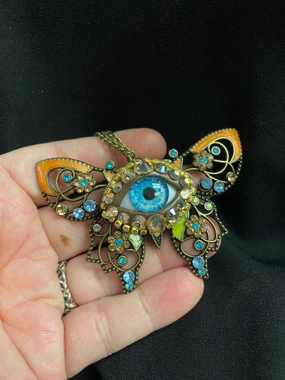 Blue Evil Eye Butterfly Necklace, Gothic Filigree Statement Pendant, 22 Inch Chain