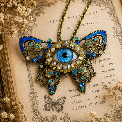 Blue Evil Eye Butterfly Necklace, Gothic Statement Pendant, Victorian Fantasy Jewelry