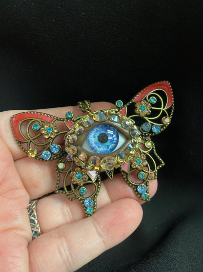 Red Evil Eye Butterfly Necklace, Gothic Statement Pendant, Victorian Fantasy Jewelry