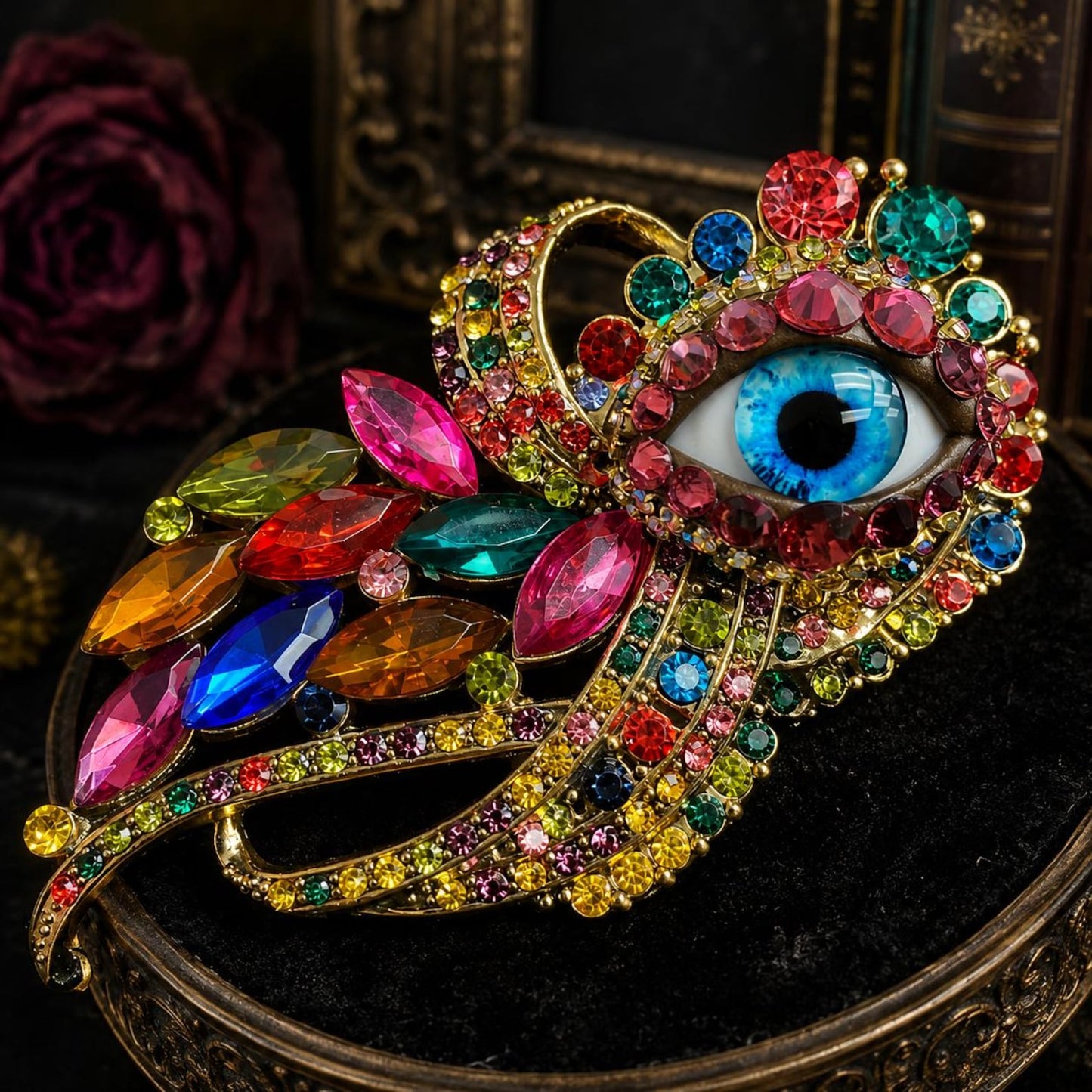Rainbow Evil Eye Brooch, Gothic Fantasy Statement Pin, Colorful Jewel Art
