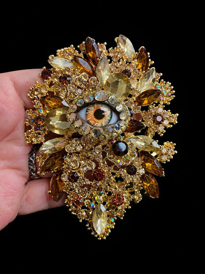 Gothic Eye Brooch, Victorian Assemblage Art, Gold Amber Rhinestone Statement Pin