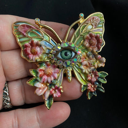 Floral Eye Butterfly Brooch, Victorian Enamel Pin, Gothic Botanical Wearable Art
