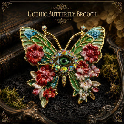 Gothic Butterfly Brooch with Green Eye, Enamel Flowers & Iridescent Rhinestones