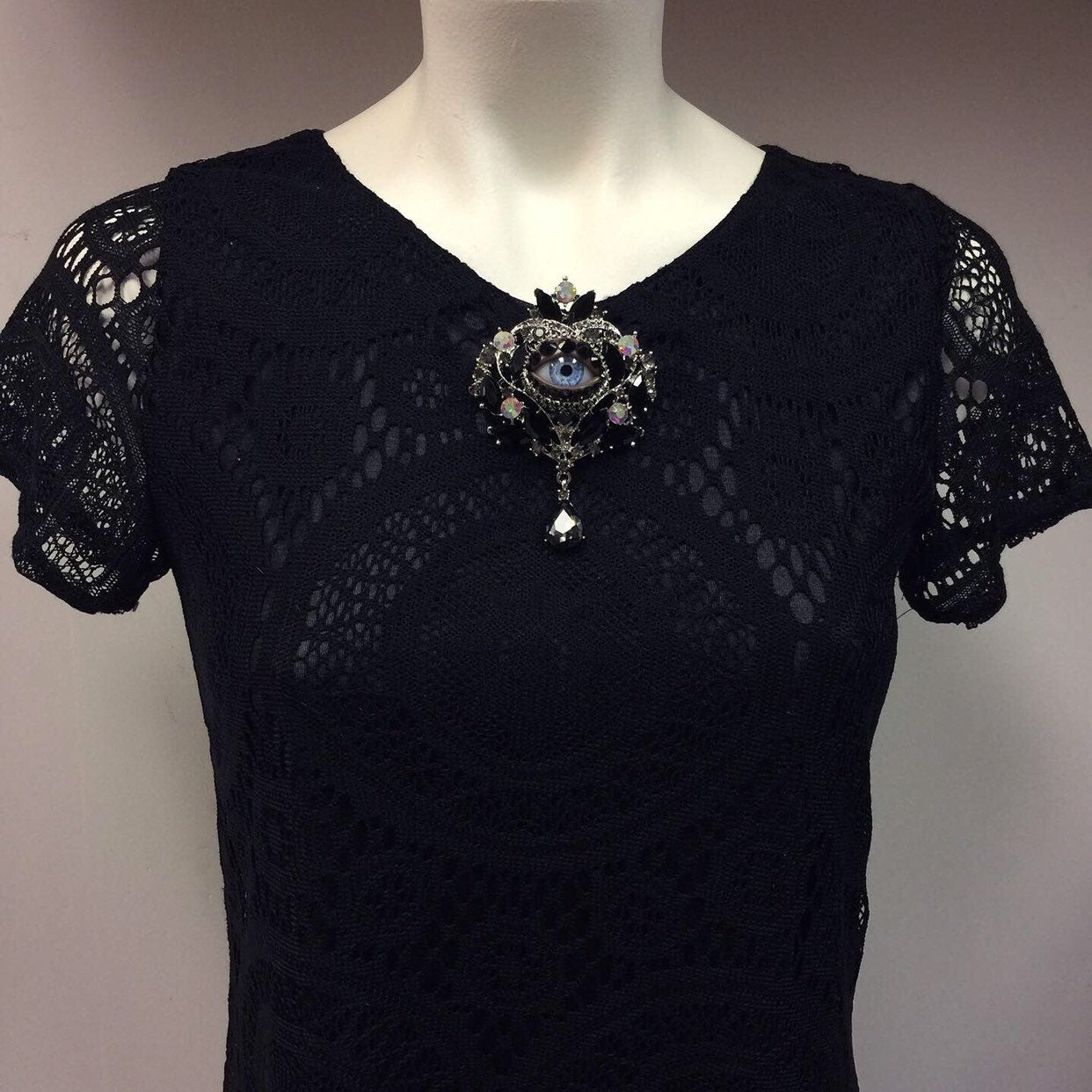 Stunning Ornate Style Eyeball Art Brooch with a Handmade Blue Glass Iris and Hand Placed Rhinestones!
