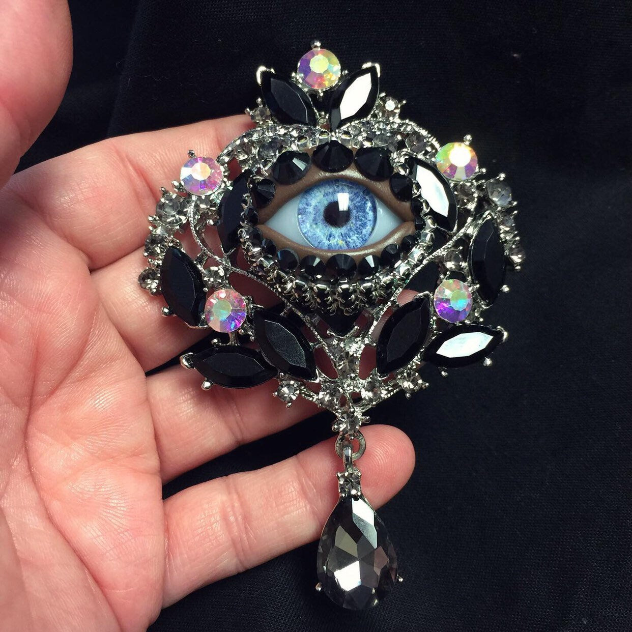 Stunning Ornate Style Eyeball Art Brooch with a Handmade Blue Glass Iris and Hand Placed Rhinestones!