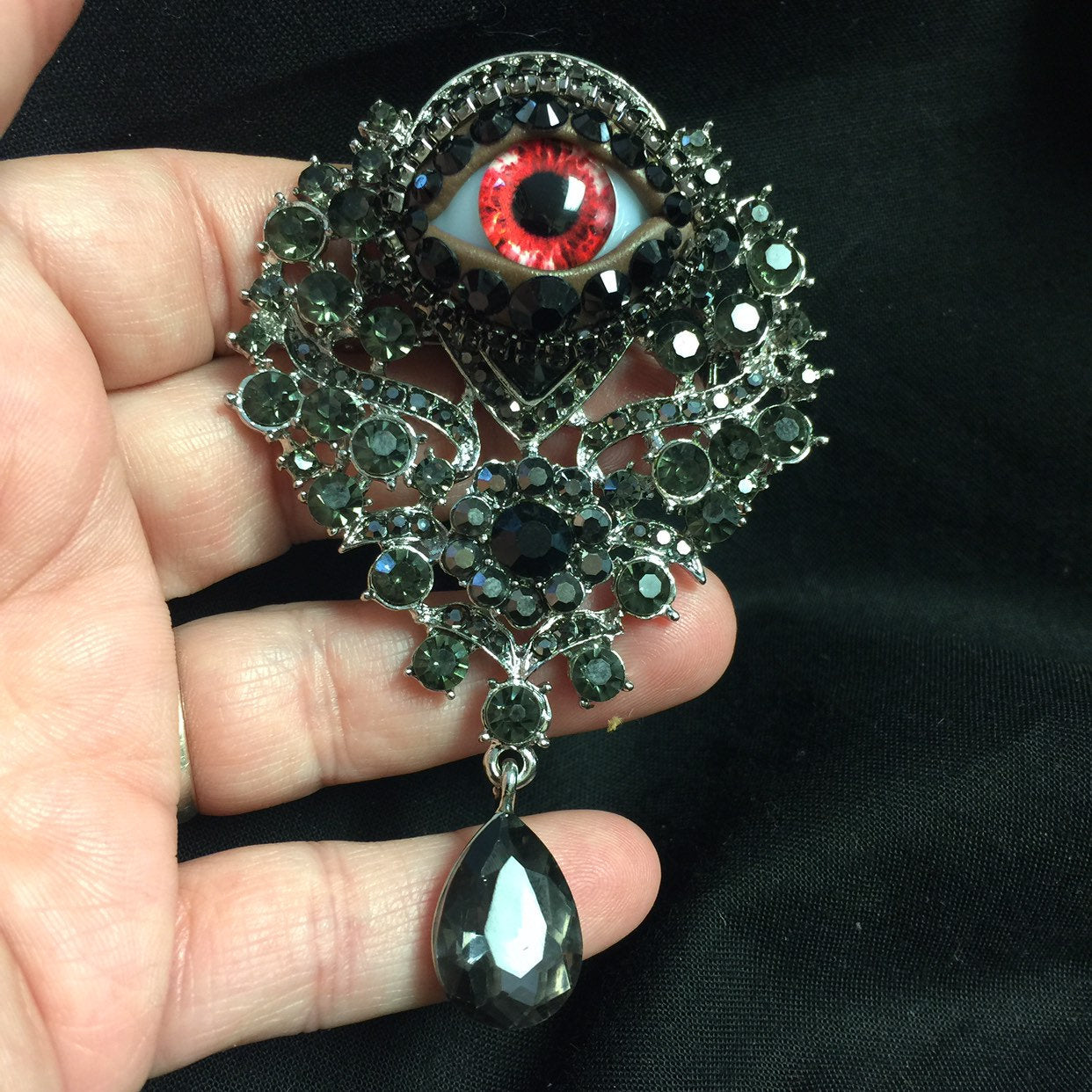 Gothic Eyeball Brooch: Handmade Red Glass Iris, Rhinestone Crystals