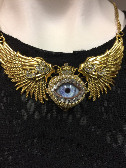 Winged Heart Eyeball Art Necklace, Antiqued Gold Tone, Handmade Glass Iris