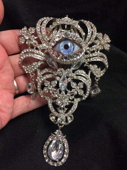 Huge Vintage Eyeball Brooch Pendant: Handmade Blue Glass Iris, Rhinestone Ornate Style