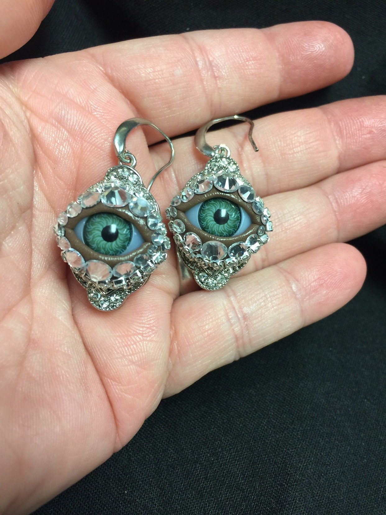 Vintage Style Eyeball Earrings, Silver Tone with Rhinestones