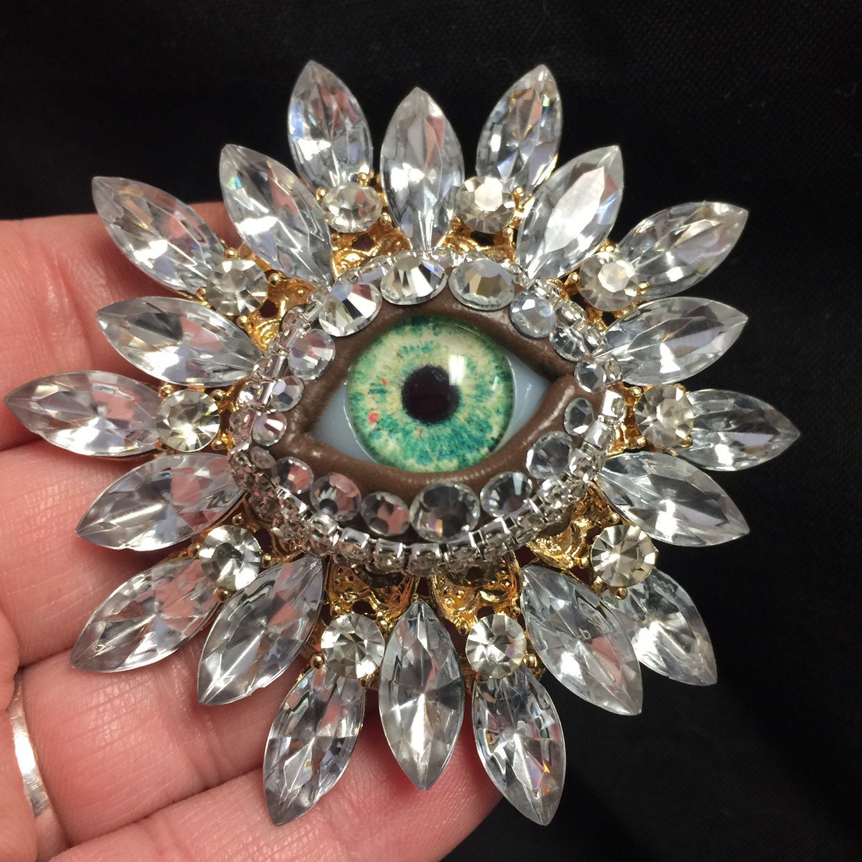 Vintage Style Sunburst Eyeball Brooch, Handmade Green Iris Rhinestone Pin