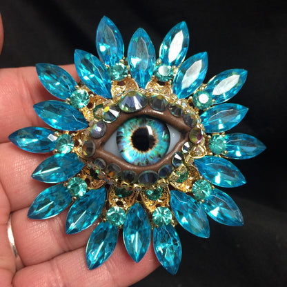 Vintage Style Blue Eyeball Brooch, Handmade Glass Iris, Rhinestone Sunburst