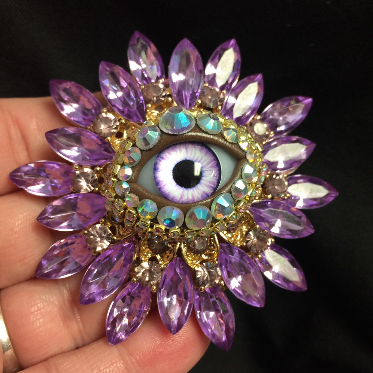 Vintage Style Sunburst Brooch, Pastel Purple Eyeball with Rhinestones