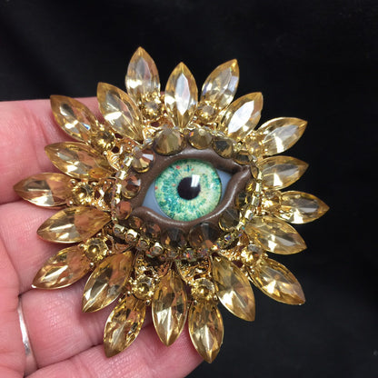 Golden Sunburst Eyeball Brooch: Handmade Green Glass Iris, Rhinestones. Ask for Ring Conversion!