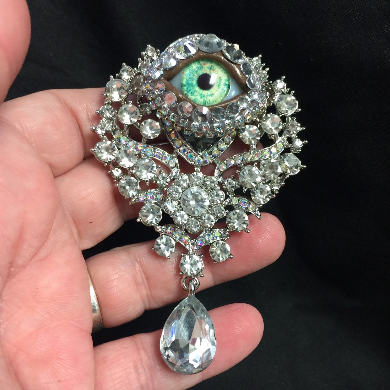 Vintage Ornate Eyeball Brooch, Green Glass Iris, Rhinestone Jewelry