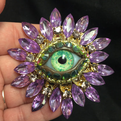 Vintage Style Sunburst Eyeball Brooch: Handmade Green Glass Iris, Rhinestones