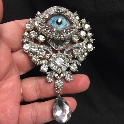 Vintage Ornate Eyeball Brooch: Handmade Blue Glass Iris & Rhinestones