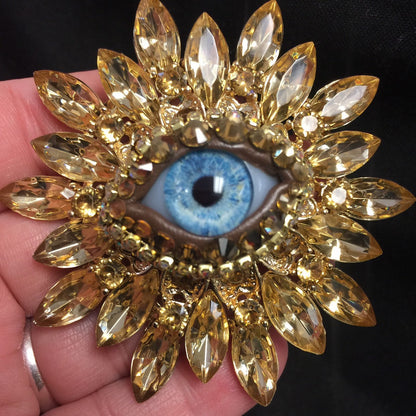 Vintage Style Sunburst Eyeball Brooch: Handmade Glass Iris, Rhinestones