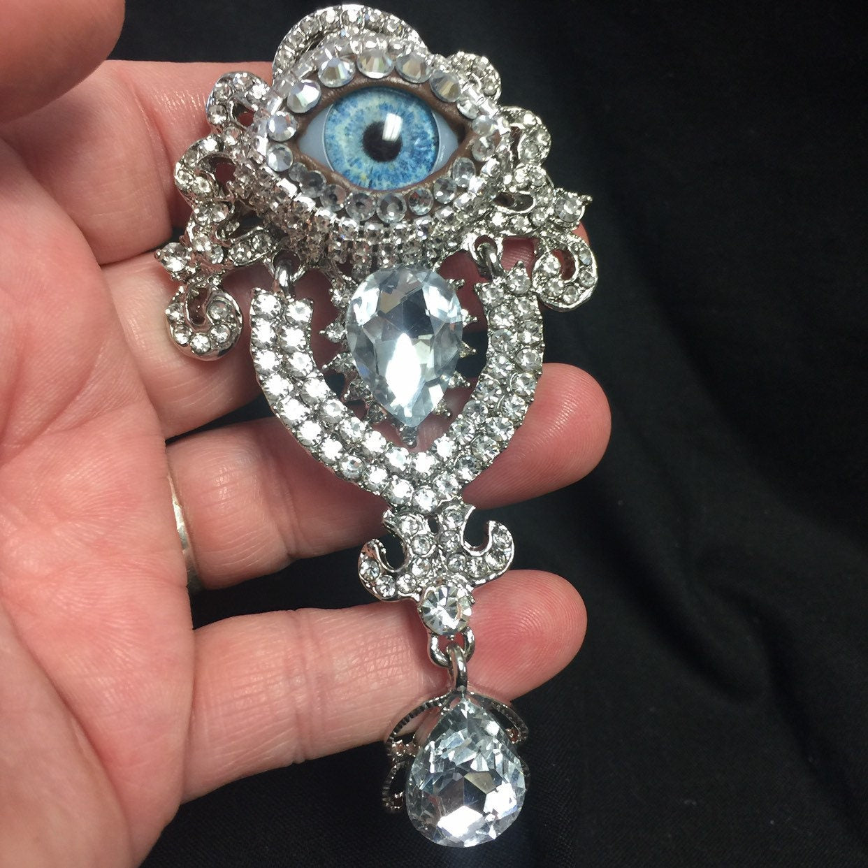 Vintage Ornate Eyeball Brooch with Blue Glass Iris & Rhinestones