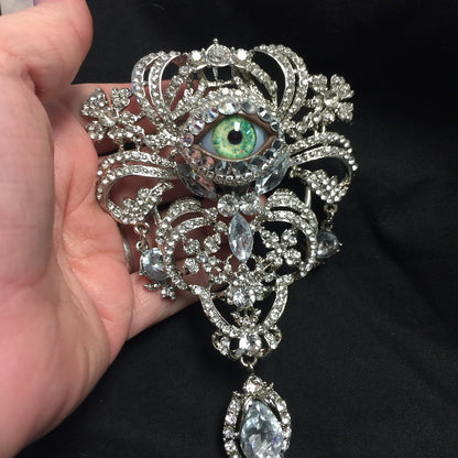 Crystal Eyeball Brooch: Handmade Green Glass Iris, Rhinestone Art