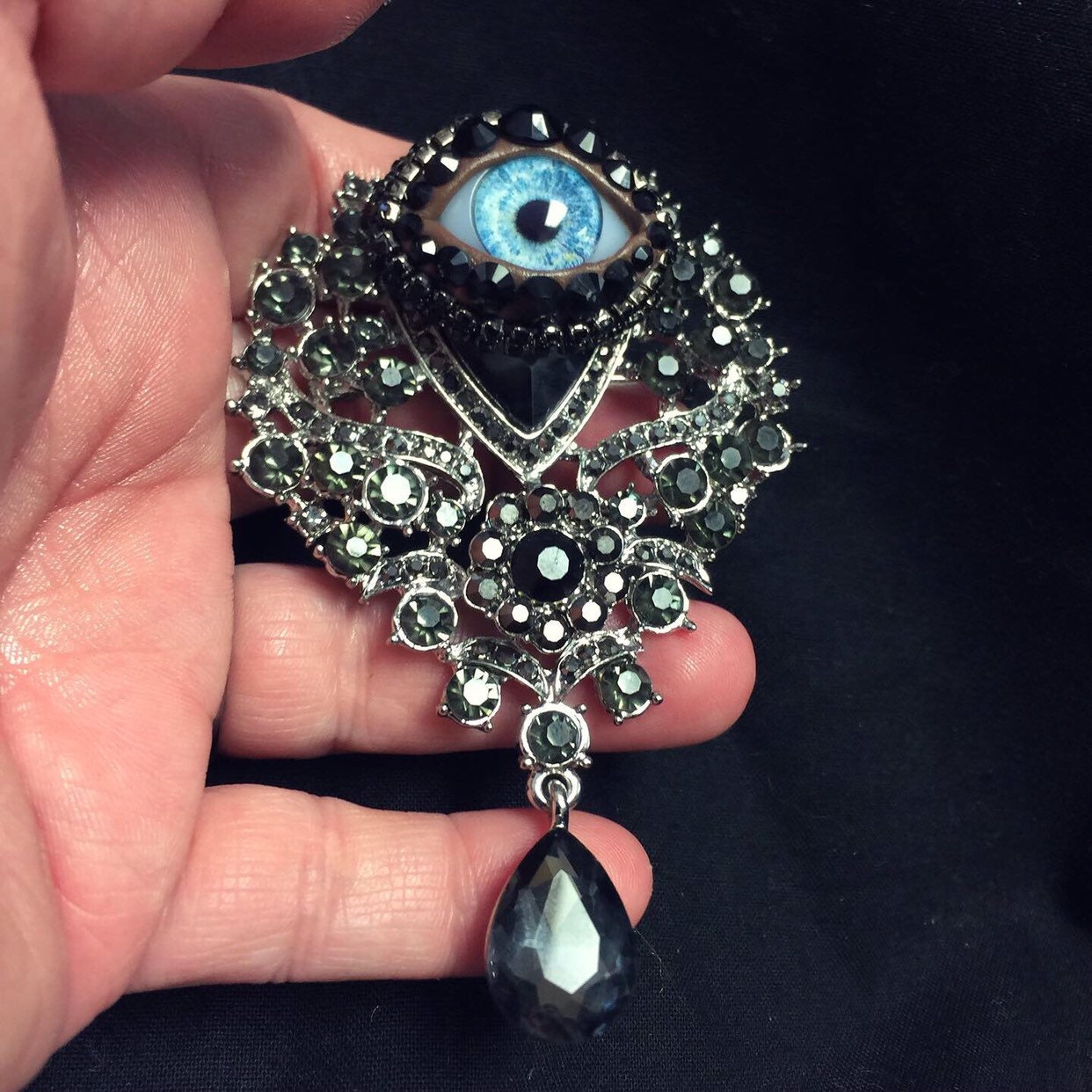 Gothic Eyeball Brooch, Ornate Rhinestone & Blue Glass Iris