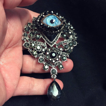 Gothic Eyeball Brooch, Ornate Rhinestone & Blue Glass Iris