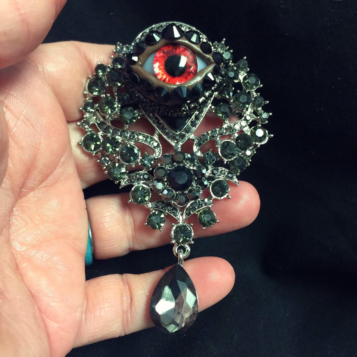 Gothic Eyeball Brooch: Vintage Ornate Rhinestone Brooch