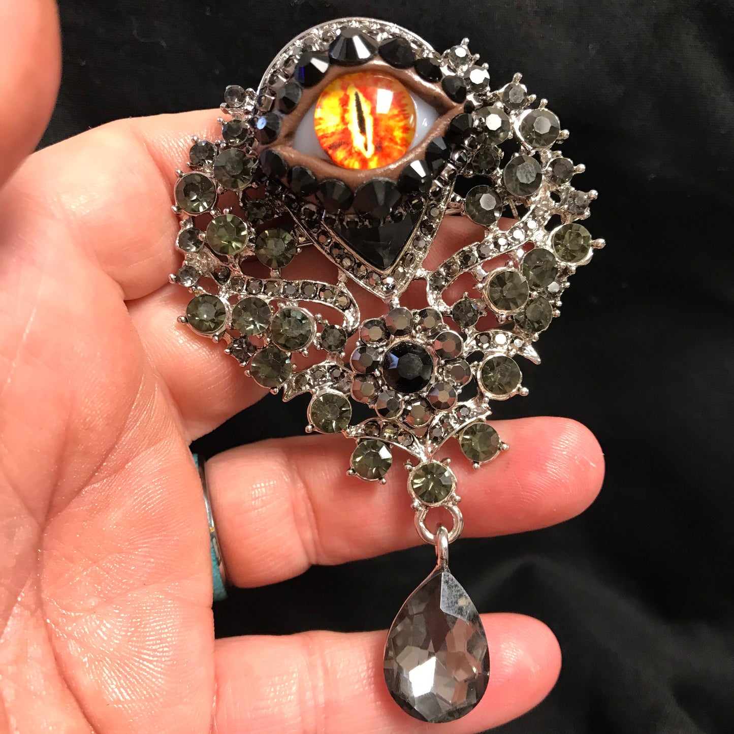Eye of Sauron! Gray and Black Vintage Ornate Style Eyeball Art Brooch with a Handmade Fantasy Glass Iris and Hand Placed Rhinestones!