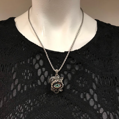 Antiqued Silver Tone Rose Eyeball Art Necklace, Green Eye Rhinestone Pendant