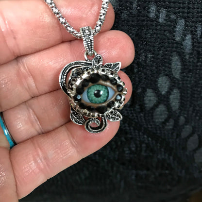 Antiqued Silver Tone Rose Eyeball Art Necklace, Green Eye Rhinestone Pendant