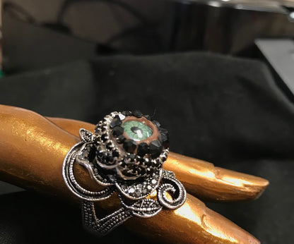 Antiqued Silver Rose Eyeball Ring – Green Iris, Rhinestone Art, size  10.