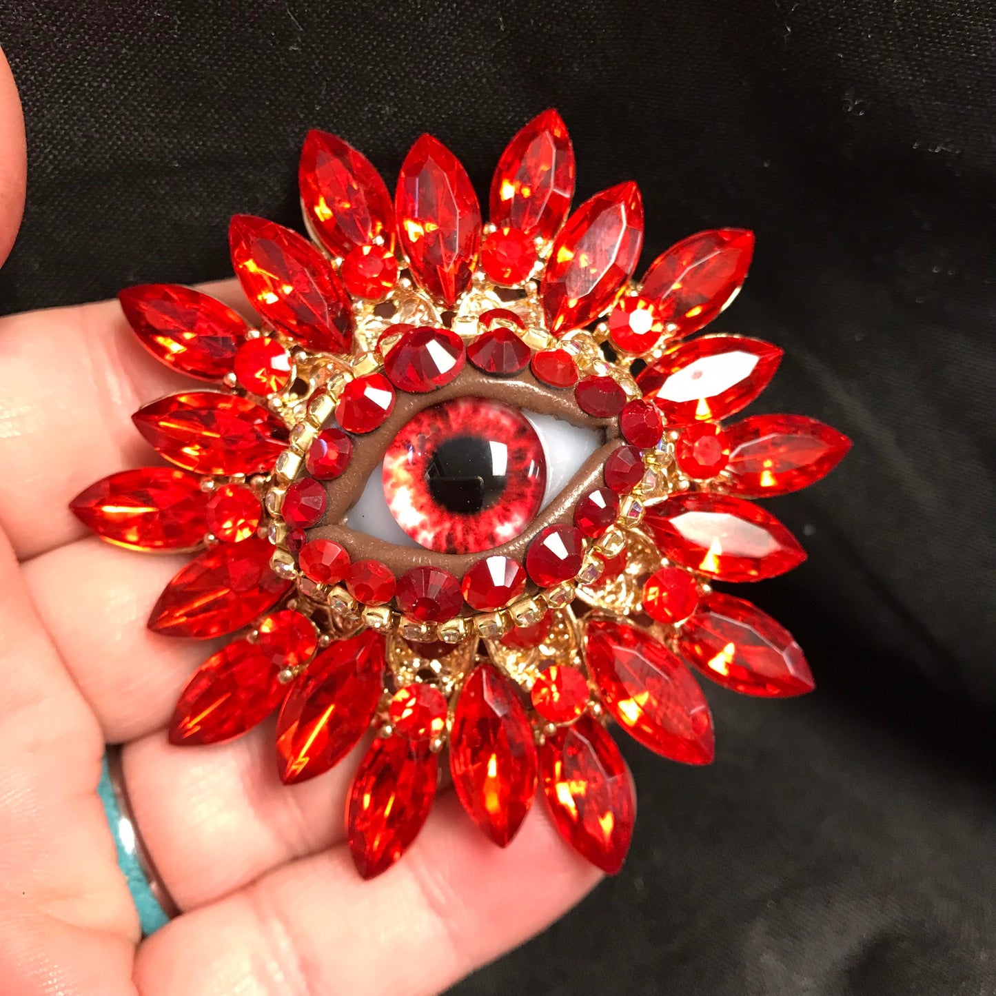 Vintage Style Sunburst Eyeball Brooch, Handmade Red Glass Iris & Rhinestones