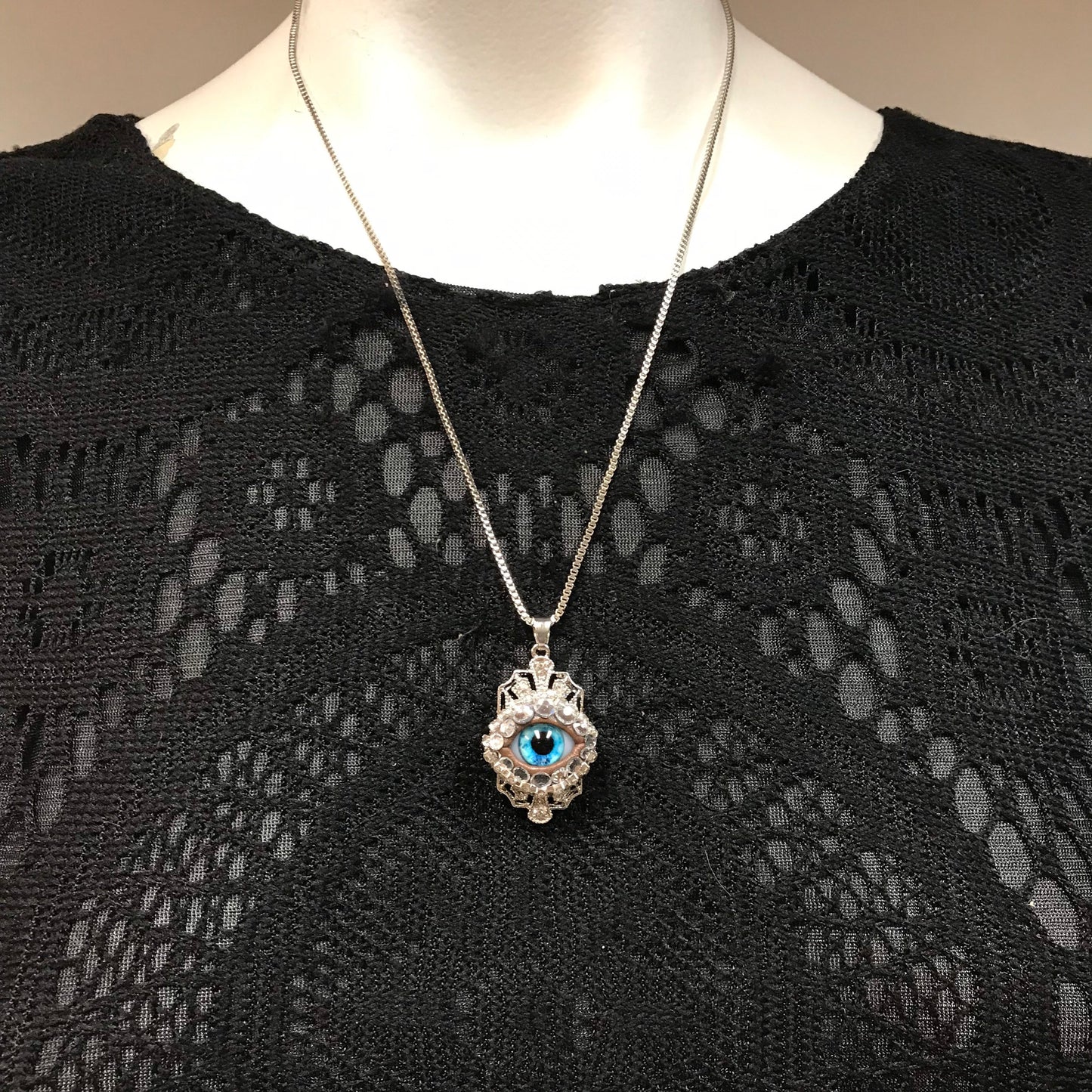 Silver Tone Crystal Eyeball Necklace - Aqua Blue Iris, Rhinestone Pendant
