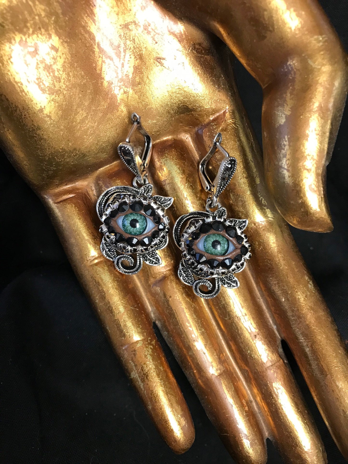 Antiqued Silver Rose - Eyeball Art Earrings with Natural Green Irises and Hand Placed Rhinestones!