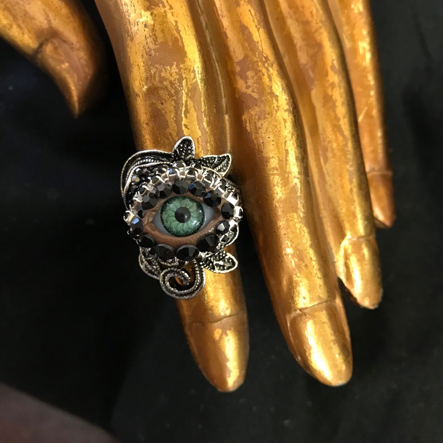 Antiqued Silver Rose Eyeball Ring – Green Iris, Rhinestone Art, size  10.