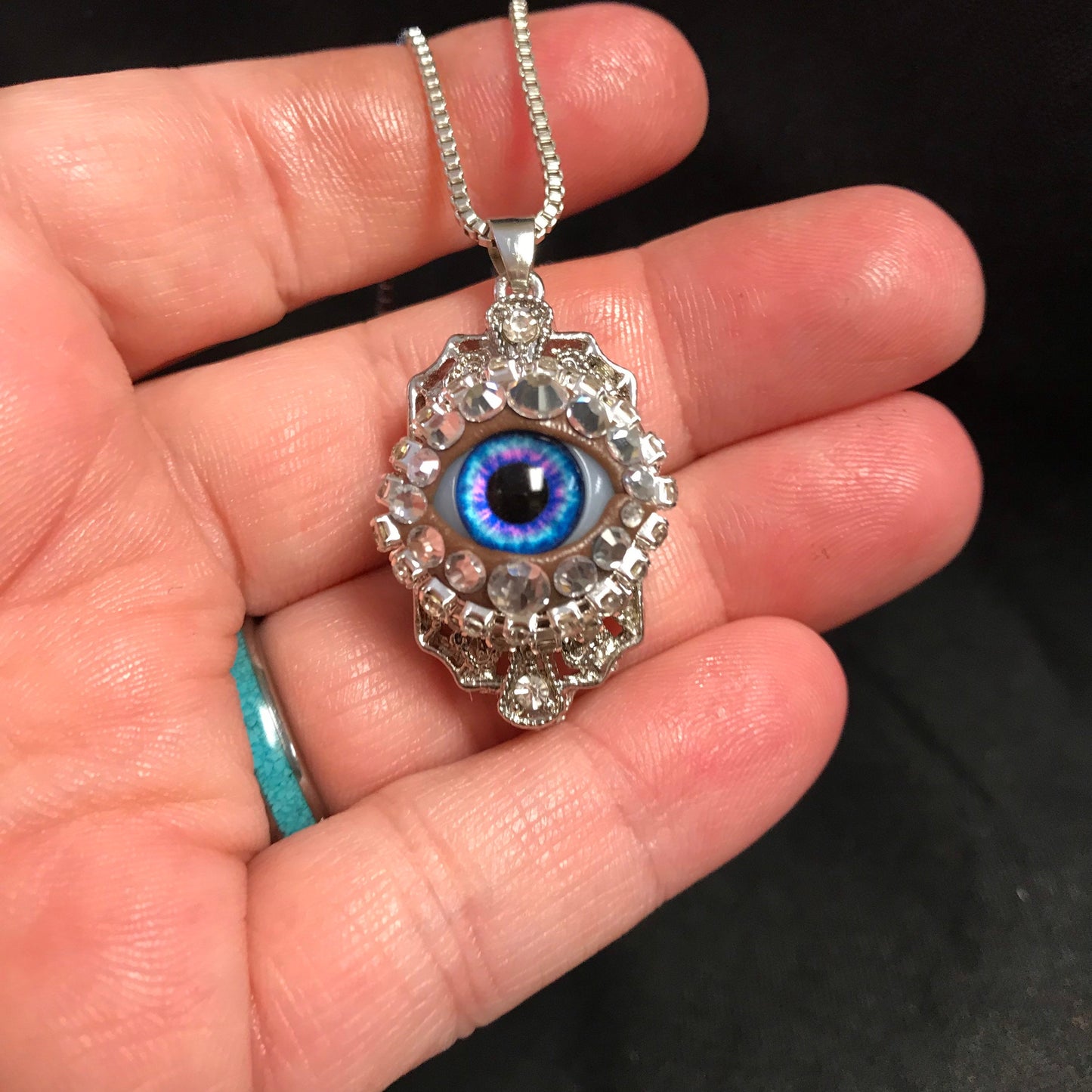 Crystal Rhinestone Eyeball Necklace, Handmade Blue Purple Glass Iris