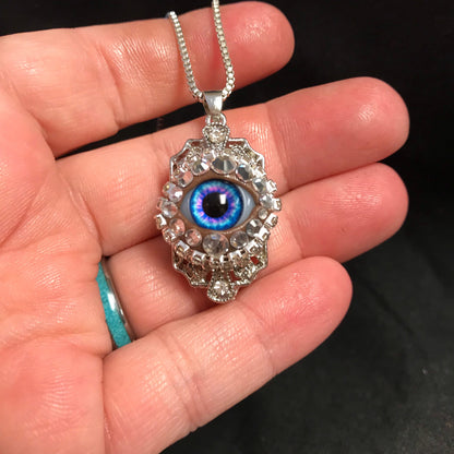 Crystal Rhinestone Eyeball Necklace, Handmade Blue Purple Glass Iris